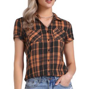Casual Boyfriend Plaid Button Down Shirt Black Orange